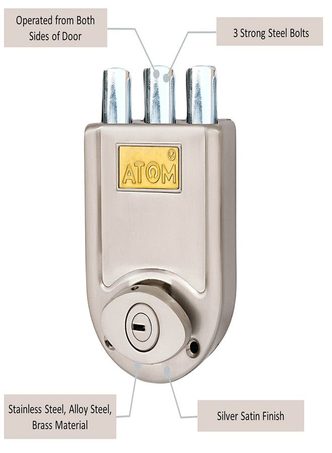 Atom Tri Bolt Main Door Lock with 4 Reversible Brass Keys | Silver Stain Finish, 12 x 9.5 x 3 cm | Heavy Duty Deadbolt Door Lock, Best Suitable for Double & Single Doors and Can Be Operated from Both Sides of Door, ML003 - Image 4